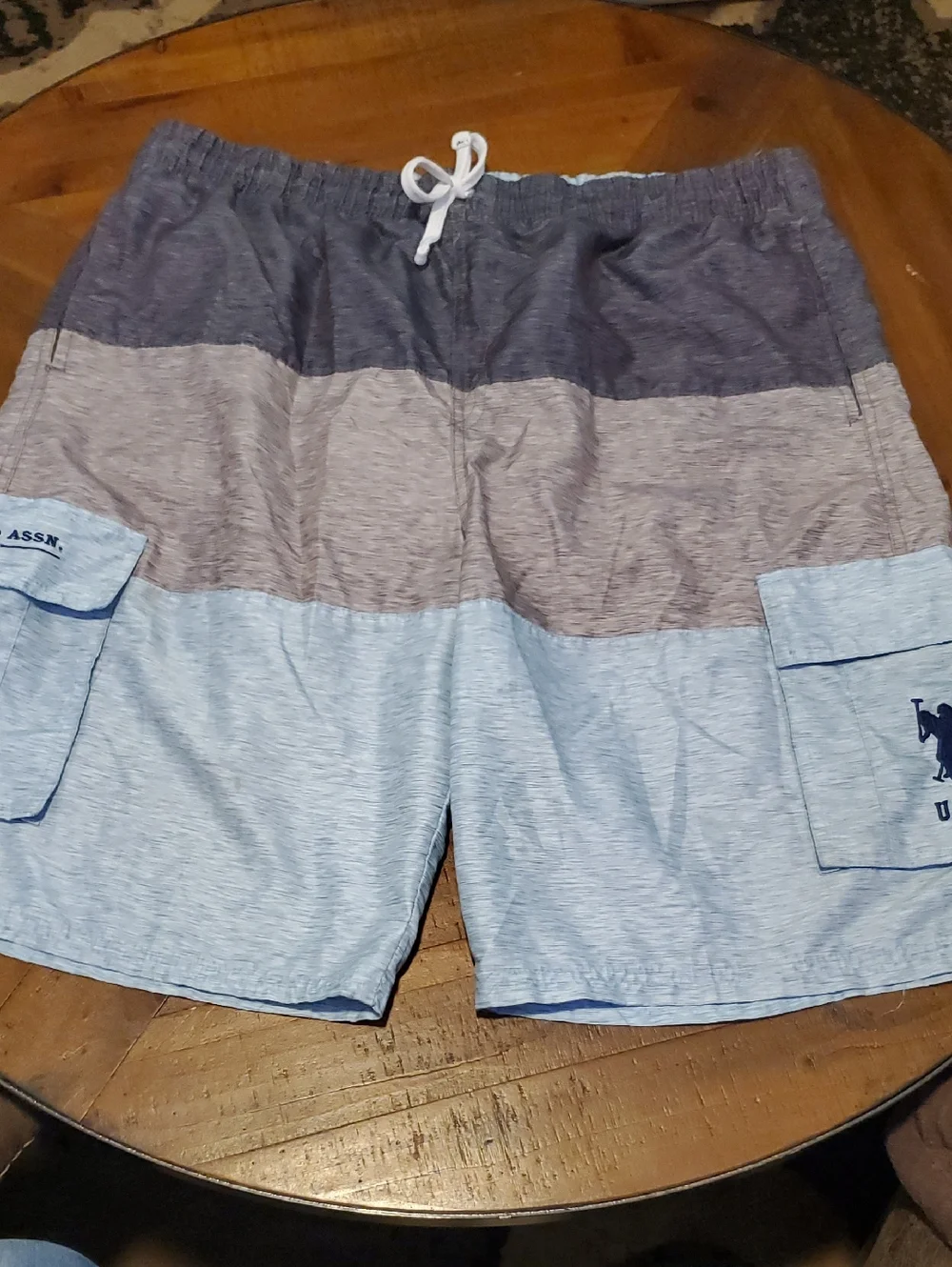 U.S. Polo Assn. Men’s Three-Tone Navy, Gray, and Light Blue Swim Trunks